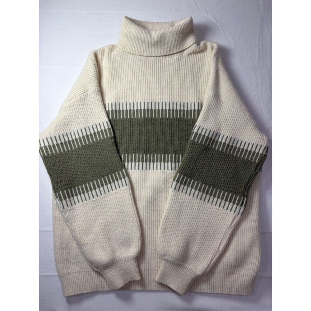Baltic Born Cream Olive Green Stripe Turtleneck Knit Sweater Women Medium